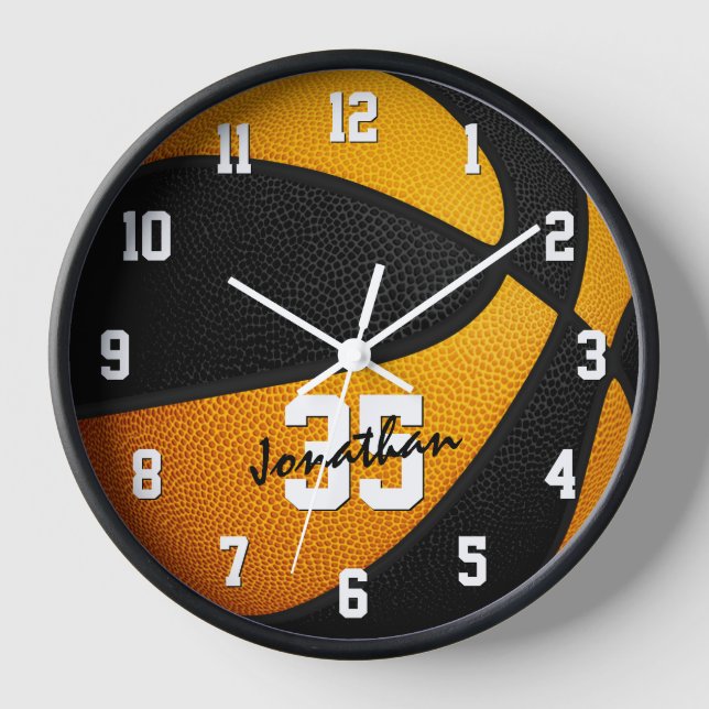 Reloj chicas naranjas negros de baloncesto personalizado (Anverso)