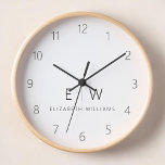 Reloj Clásico Elegante Moderno Monograma Minimalista Nom<br><div class="desc">Mejore su decoración en casa con nuestro elegante reloj de pared Minimalista clásico. Este exquisito reloj combina a la perfección la elegancia atemporal con el minimalismo contemporáneo, elevando el espacio vital a nuevos niveles de sofisticación. Diseñado con precisión y meticulosa atención a los detalles, este reloj de pared es más...</div>