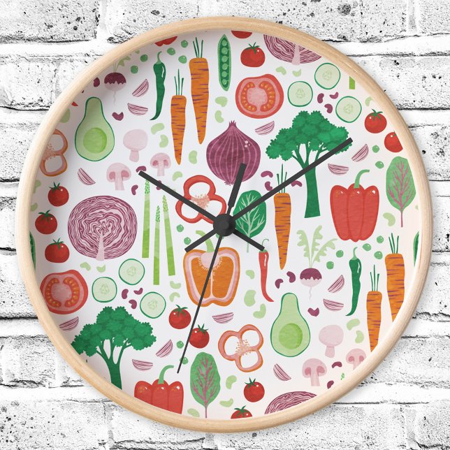 Reloj Cocina de diseño de patrón vegetal moderno diverti (Fun modern colorful healty vegetable pattern kitchen clock)
