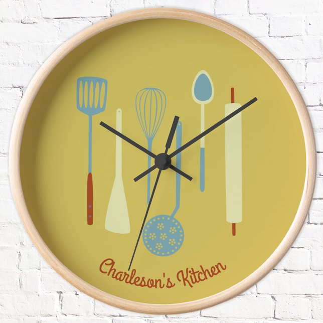 Reloj Cocina retro personalizada (Retro kitchen utensils personalized custom text clock)