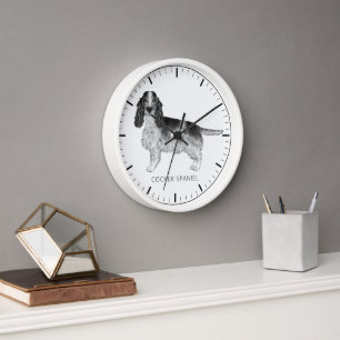 Reloj Cocker Spaniel en negro y blanco & texto personali