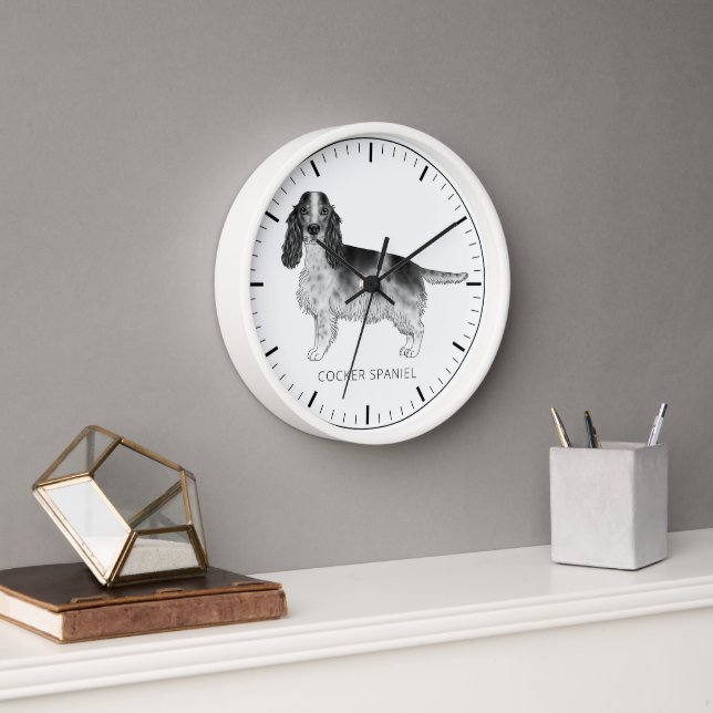 Reloj Cocker Spaniel en negro y blanco & texto personali (Oficina)