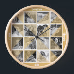 Reloj Collage de fotos familiar artístico Sepia Mod Inst<br><div class="desc">Este reloj de pared único redondo (o cuadrado) tiene un aspecto abstracto de arte moderno de mediados de siglo. Dieciséis de tus fotos personalizadas aparecerán automáticamente en blanco y negro detrás de triángulos sepia semitransparentes / amarillo dorado. El resultado es una fractura artística. En lugar de números, el reloj tiene...</div>