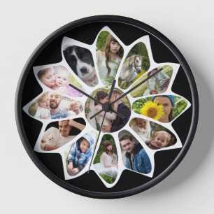 Reloj Collage de fotos familiar Flor negro y blanco fáci