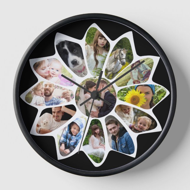 Reloj Collage de fotos familiar Flor negro y blanco fáci (Anverso)