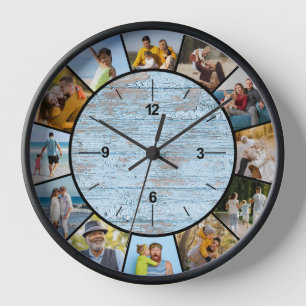 Reloj Collage de fotos Faux Blue Wood Fence 12