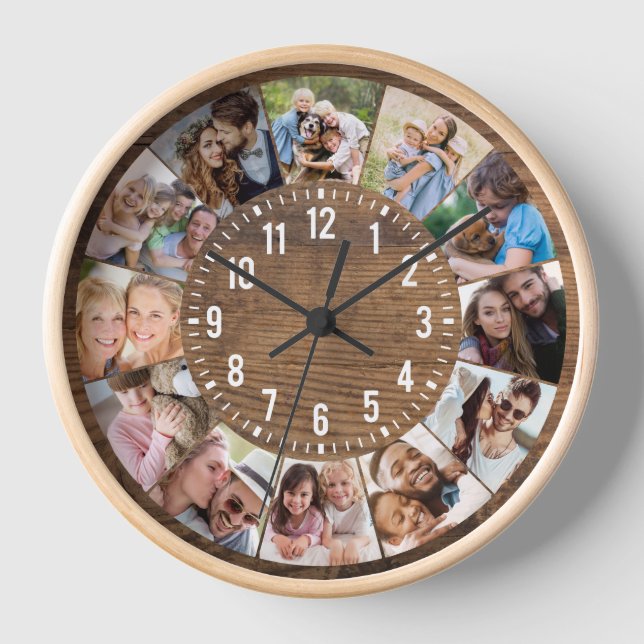 Reloj Collage de fotos Rustic Wood personalizado 12 (Anverso)