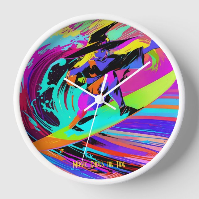 Reloj Colorida Bruja de Surfing Pop Art (Anverso)