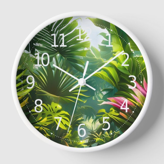 Reloj Coloridas hojas tropicales y flores hibiscus | (Anverso)