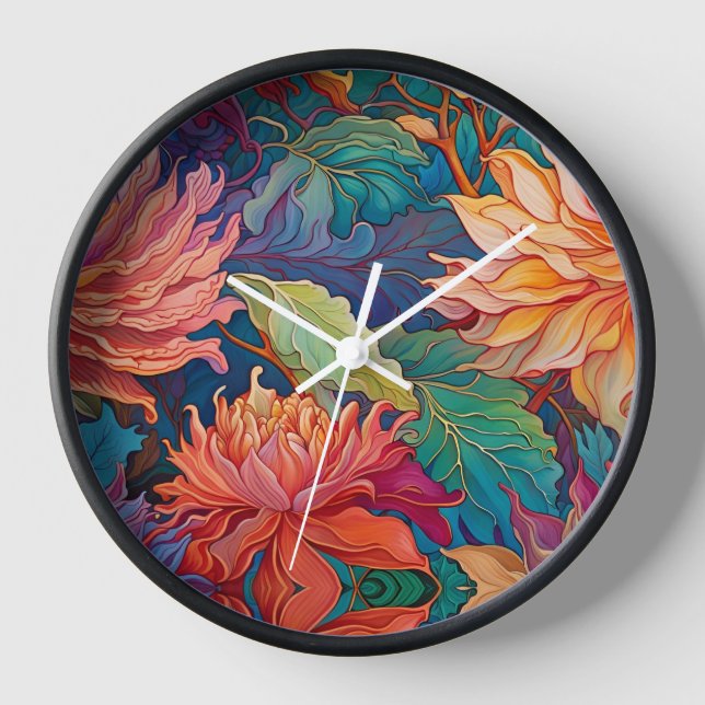 Reloj Colorido Tapiz Floral de Dahlia (Anverso)
