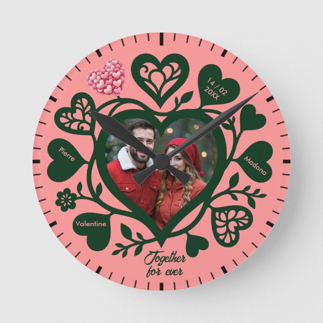 Reloj con foto corazón personalizado rosa verde (Anverso)