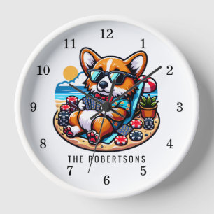 Reloj Corgi divertida jugando al póquer en una familia d