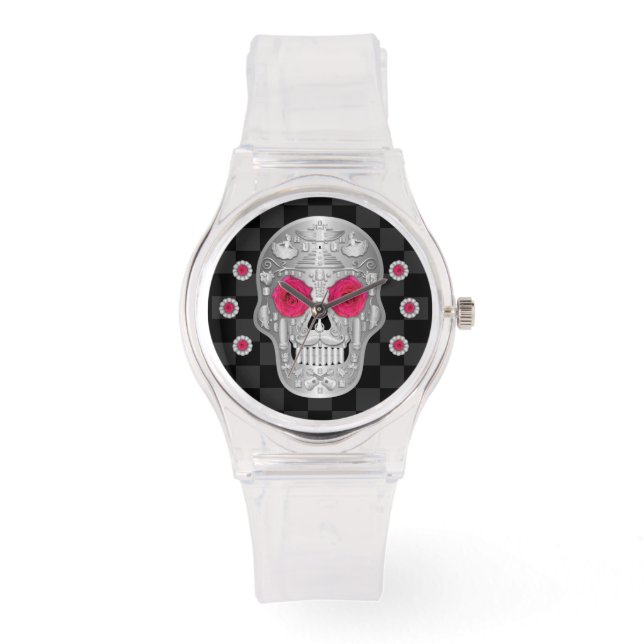 Reloj cromado de Calavera (rosa rosado) (Anverso)