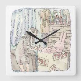 RELOJ CUADRADO さなごなじ　　箪笥のあるお部屋で段ボールの中のウサギに手を差し伸べる女性のイラスト