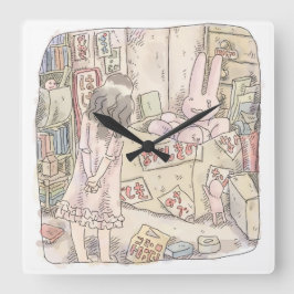 RELOJ CUADRADO さなごむじ  お部屋の段ボールの中で震えているウサギを見ている女性のイラスト