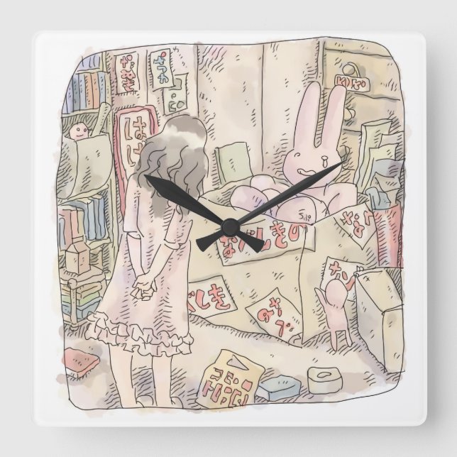 RELOJ CUADRADO さなごむじ  お部屋の段ボールの中で震えているウサギを見ている女性のイラスト (Anverso)