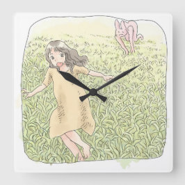 RELOJ CUADRADO さなしむじ　広い緑の草原を追いかける兎から走って逃げる橙色のワンピースの女性