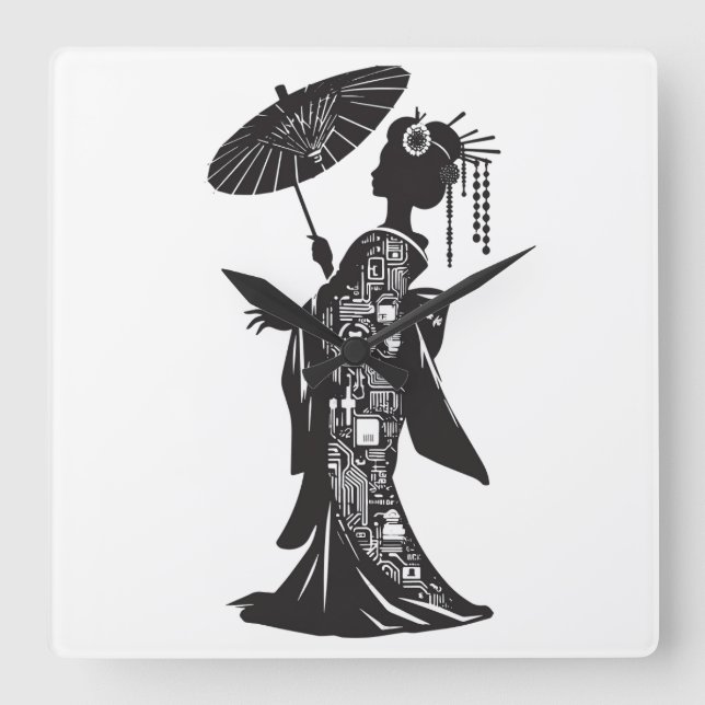 RELOJ CUADRADO アクリル壁時計、芸者シルエット (Anverso)