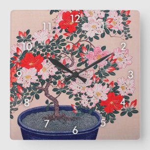 Reloj Cuadrado ツツジの盆栽, azalea de los bonsais del 小原古邨, Ohara