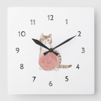 Reloj Cuadrado 文字　カスタマイズ　猫と毛糸玉　by:Siori.K　 アクリル壁時計