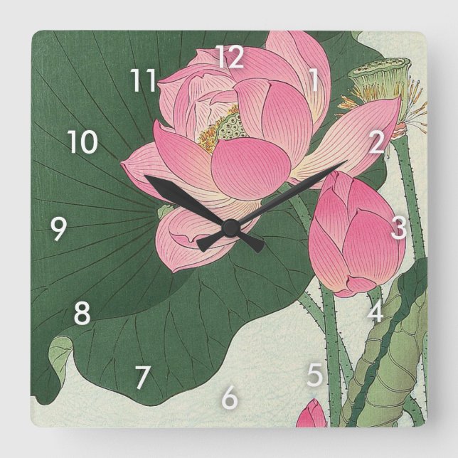 Reloj Cuadrado 蓮の花, flor de Lotus del 小原古邨, Ohara Koson, Ukiyo-e (Anverso)