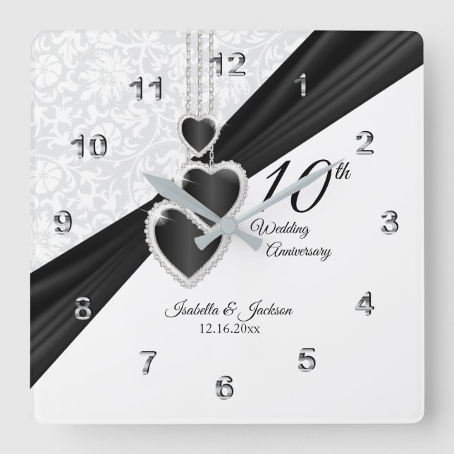 Reloj Cuadrado 10.º aniversario de Onyx y Boda Blanco Keepsake (Anverso)