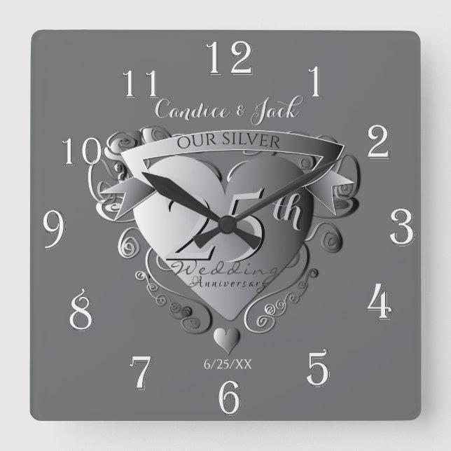 Reloj Cuadrado 10,20,25 Aniversario Boda Silvery Heart (Anverso)