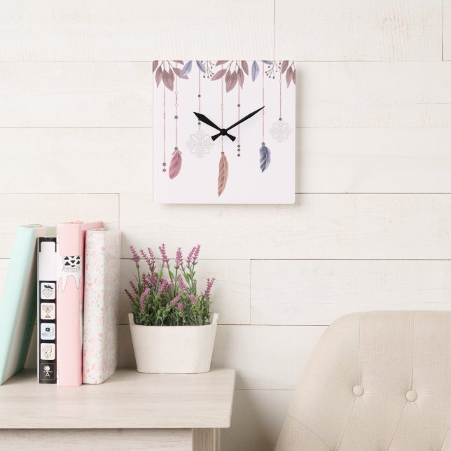 Reloj Cuadrado 10.75" Boho Feathers Square Acrylic Wall Clock (Sala de lectura)