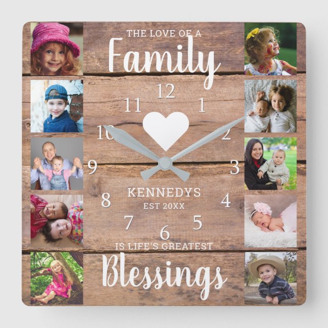 Reloj Cuadrado 10 Square Photo Collage Family Quote Rustic Wood   (Anverso)