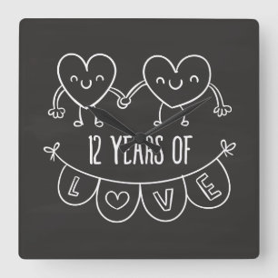 Reloj Cuadrado 12° Aniversario Regalo Corazones de Chalk