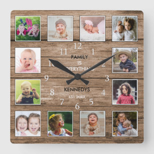 Reloj Cuadrado 12 Cita de familia de Collages de fotos de madera
