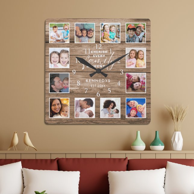 Reloj Cuadrado 12 Cita de familia de Collages de fotos de madera  (12 Photo Collage Family Quote Reclaimed Wood Square Wall Clock)