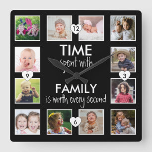 Reloj Cuadrado 12 Colage de Fotos Tiempo con Familia Cita Negro  