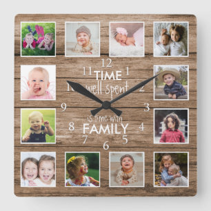 Reloj Cuadrado 12 Colage de Fotos Tiempo con la Familia Cita Made