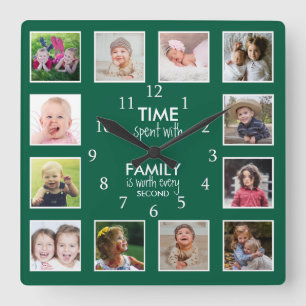 Reloj Cuadrado 12 Colaje de Fotos con Frase de Familia Verde