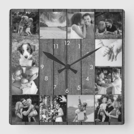 Reloj Cuadrado 12 Colaje de Fotos en Blanco y Negro de Madera Rús
