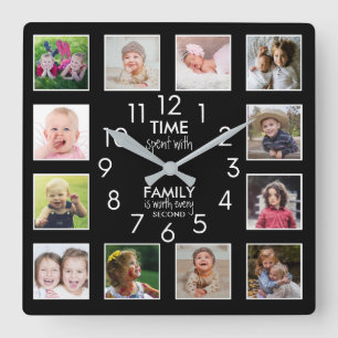 Reloj Cuadrado 12 Colaje de Fotos Tiempo con Familia Cita Negro