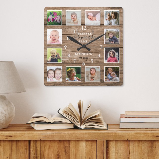 Reloj Cuadrado 12 Collage de fotos Bienaventurado Familia Cita Ma (12 Photo Collage Blessed Family Quote Rustic Wood Square Wall Clock)
