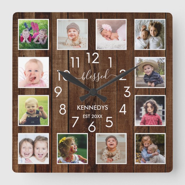 Reloj Cuadrado 12 Collage de fotos Blessed Family Name Pallet Woo (Anverso)