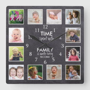 Reloj Cuadrado 12 Collage de Fotos con Frase de Tiempo con Famili
