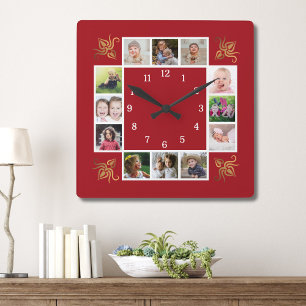 Reloj Cuadrado 12 Collage de fotos Crea tu propio rojo dorado