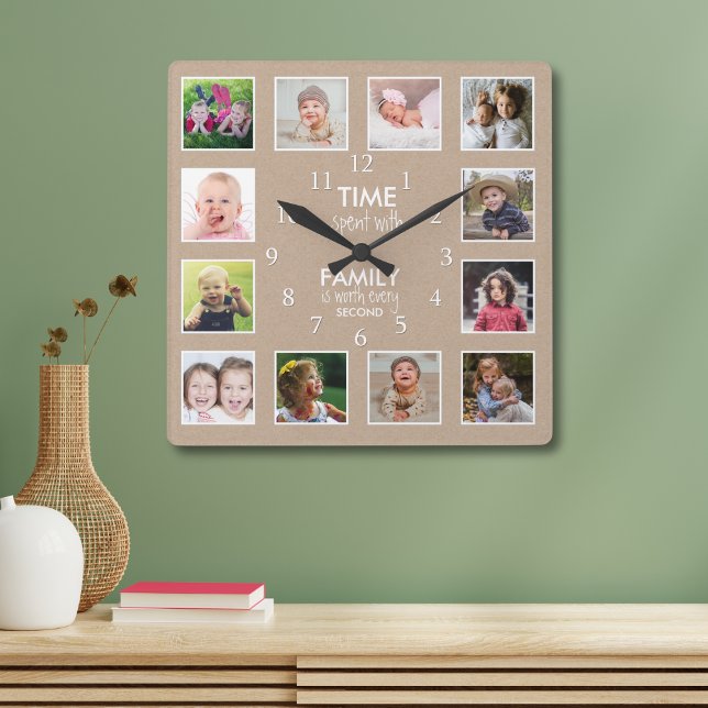 Reloj Cuadrado 12 Collage de fotos De Tiempo Con Cita Familiar (12 Photo Collage Time Spent With Family Quote Square Wall Clock
)