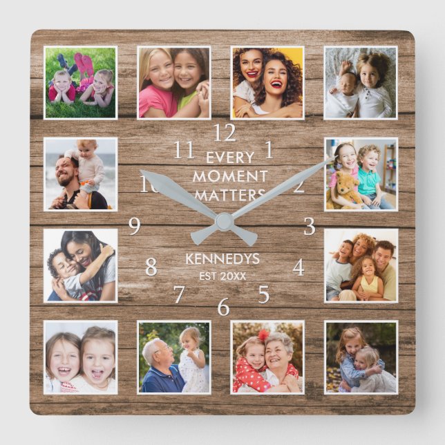 Reloj Cuadrado 12 Collage de fotos Nombre Familia Momento de Made (Anverso)