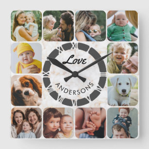 Reloj Cuadrado 12 Collage de Fotos Personalizado Familia Amor Cua