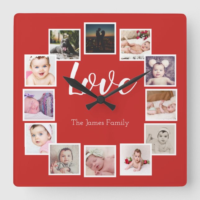 Reloj Cuadrado 12 Collage de fotos rojo personalizado (Anverso)