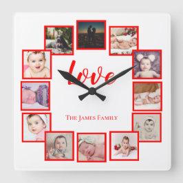 Reloj Cuadrado 12 Collage de fotos rojo personalizado