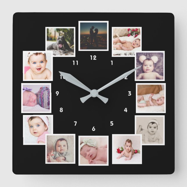 Reloj Cuadrado 12 Collages de fotos únicos personalizados (Anverso)