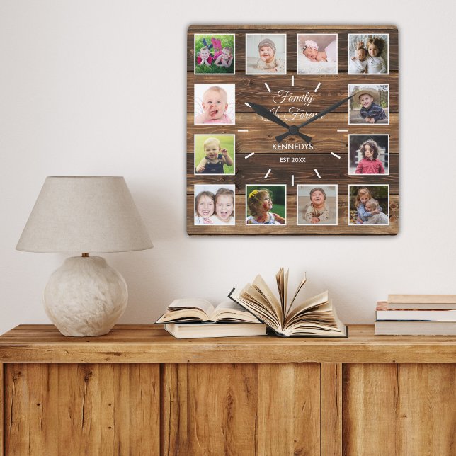 Reloj Cuadrado 12 Familia Collage de fotos Es Para Siempre Madera (12 Photo Collage Family Is Forever Rustic Wood Square Wall Clock)