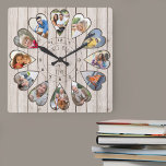 Reloj Cuadrado 12 fotos en forma de corazón encienden madera<br><div class="desc">Crea tu propio reloj multifotográfico para contar tu historia - el centro del reloj está marcado con "Érase una vez" en tipografía escrita a mano. Utilice la plantilla de fotos para añadir 12 de sus fotos favoritas, que se mostrarán en marcos con forma de corazón. El diseño utiliza fotos verticales...</div>