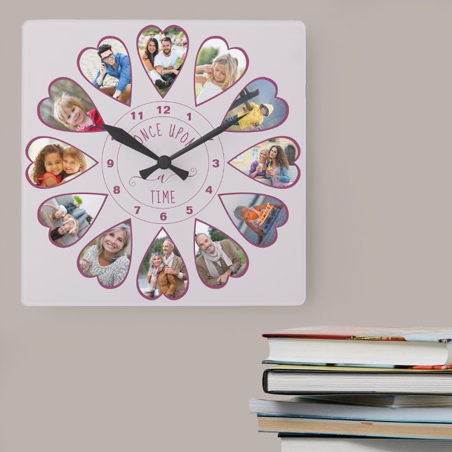 Reloj Cuadrado 12 fotos en forma de corazón rosadas (Photo clock with 12 heart shaped photos. Unusual design for your home and a thoughtful photo gift.)